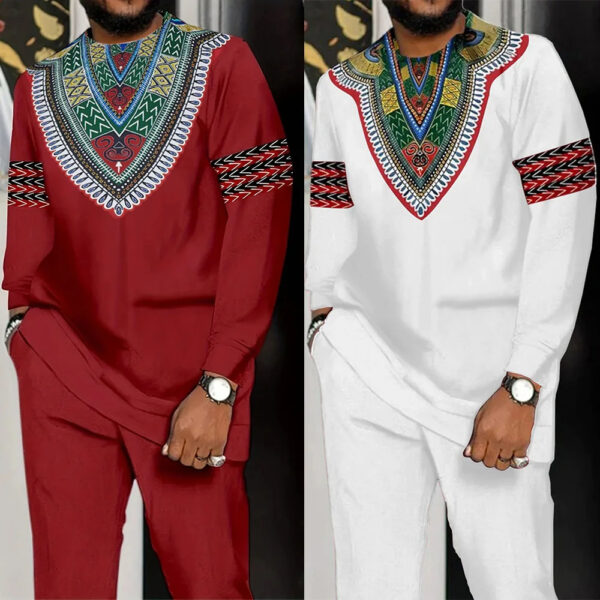 Daupanzees Men's African 2 Piece Set Luxury Traditional Suit Gold Print Dashiki Shirt and Pants Outfit - Image 3